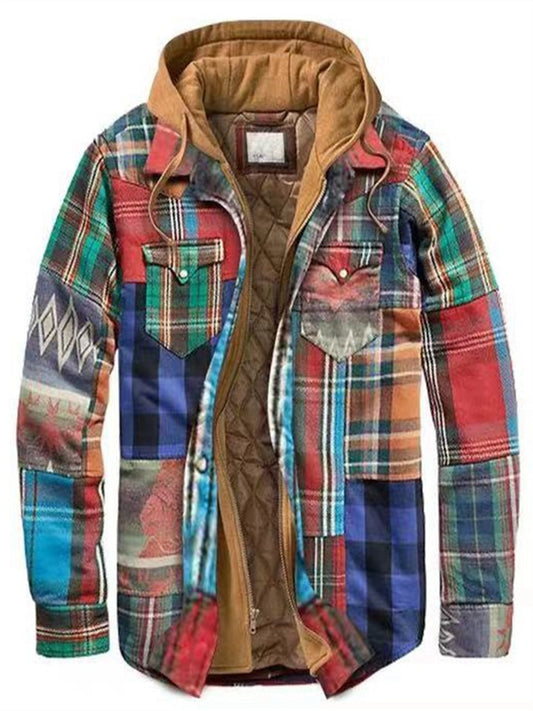 Men's Fall/Winter Thickened Cotton-Lined Plaid Oversized Hooded Jacket