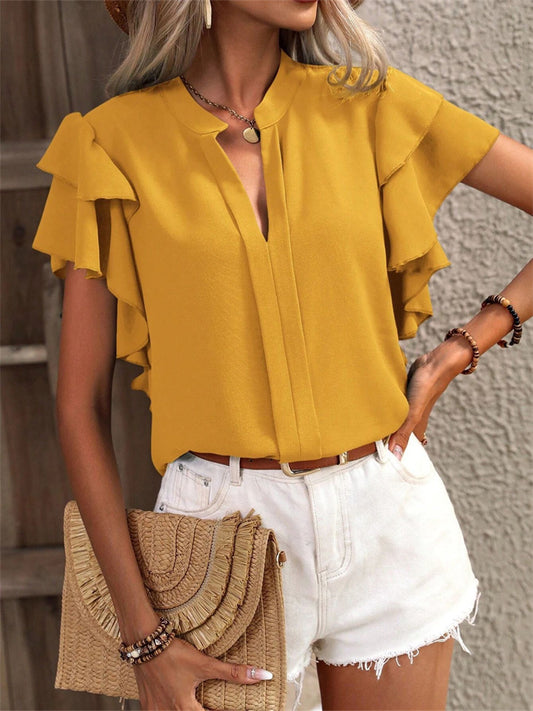 Women's Summer New V-neck Casual Double Ruffled Sleeves Solid Color Shirt Tops