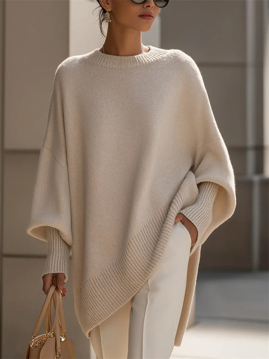 Women's Loose-Fit Solid Color Crew Neck Knit Sweater with Dropped Shoulder Sleeves for Fall/Winter