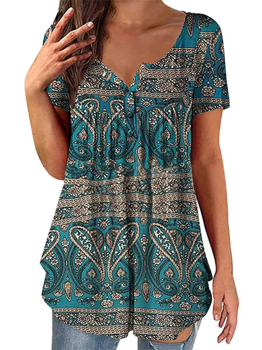 Women's Summer Fashion Print Casual Trendy Short-Sleeve V-Neck Top