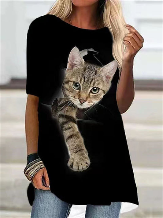 Cat Print Short-sleeved T-shirt Women's Casual Outer Wear Ladies T-shirt Black White
