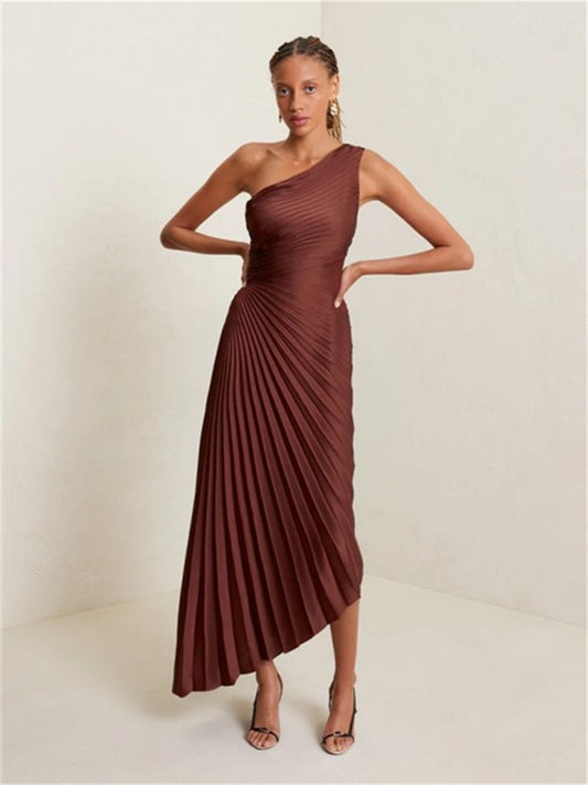 Fashion One Shoulder Sun Ruffle Satin Solid Color Dress