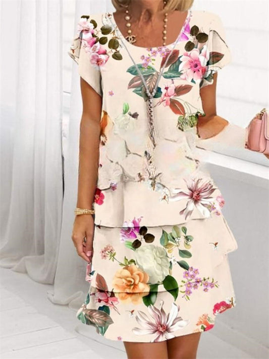 Women's Short Sleeve Round Neck 3D Printed Chiffon Dresses