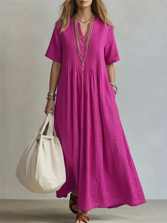 New Arrival Women's Long Casual Loose-Fit V-Neck Short-Sleeve Pleated Cotton-Linen Dress