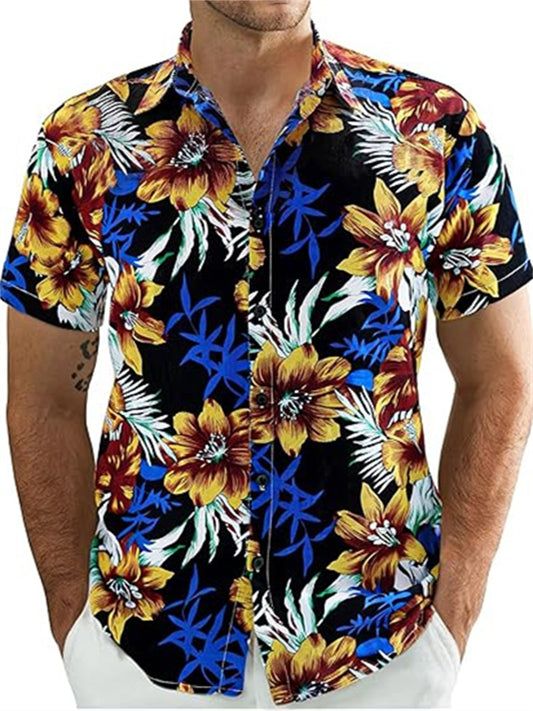 Men's Breathable Summer Short-Sleeve Shirt with Sunflower Print Casual Shirt Hawaiian Shirt