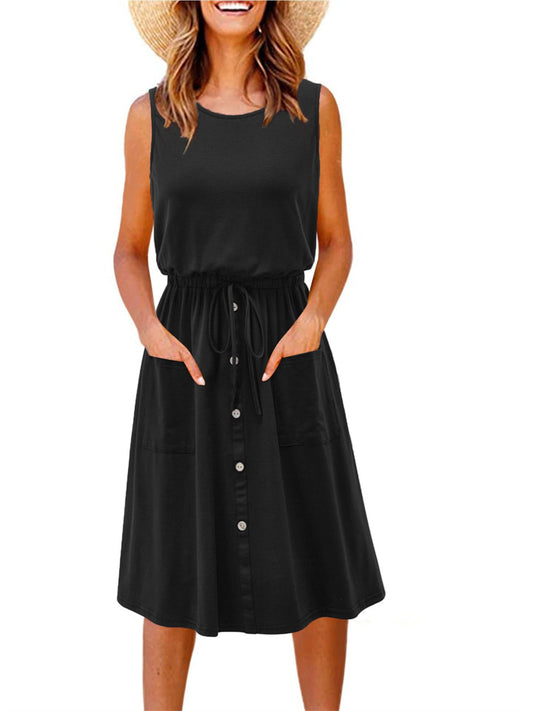 New Solid Color A-line Dress Spring and Summer Elastic Waist U-neck Set Head Sleeveless Tank Dress Loose Comfortable Dress