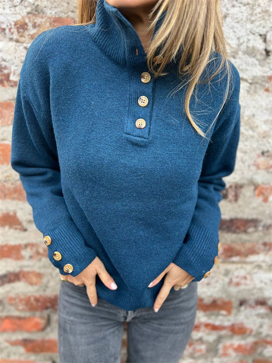 New Fall/Winter Women's Stand Collar Knit Sweater - Solid Color Casual Oversized Sweater