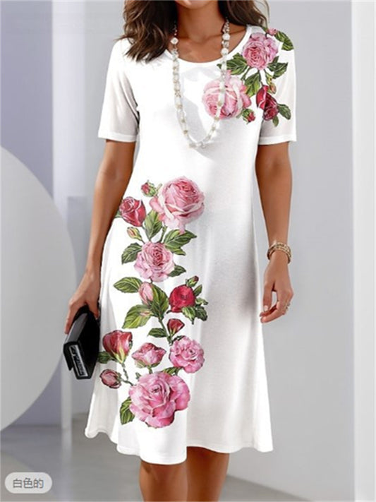 Fashion Casual Loose Women's Round Neck Floral 3D Printed Dresses