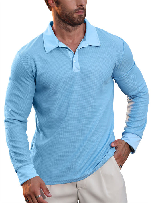 Fall New Arrival Men's Waffle Collared Polo Shirt American Casual Long Sleeve T-Shirt