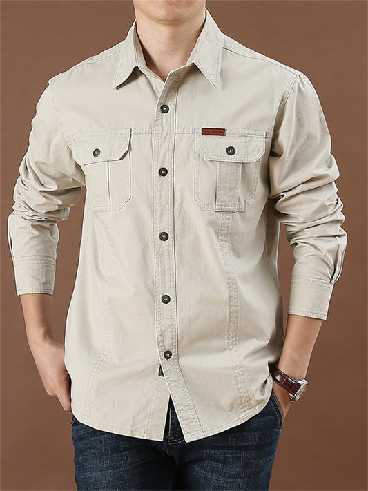 Men's Casual Loose Long-sleeved Shirt New Large Size Cotton Solid Color Shirt