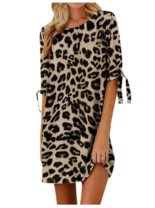 Fashion Temperament Commuter Women's Clothing Personalized Leopard Print Round Neck Midriff Round Neck Short Sleeve Regular Sleeve Elegant Wind Dress