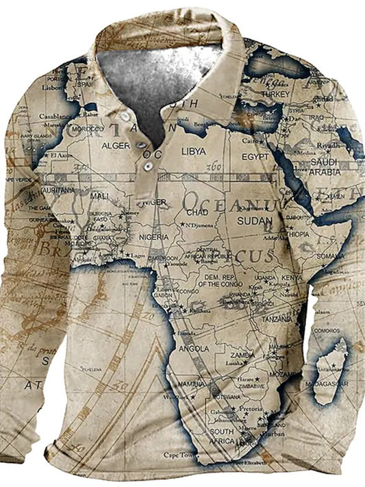 Men's Polo Shirt Golf Shirt Map Turndown Pink Royal Blue Blue Brown Green 3D Print Street Casual Long Sleeve Button-Down Print Clothing Apparel Fashion Designer Casual Breathable