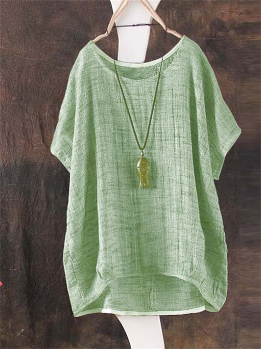 Summer New Retro Literary Fan Round Neck Loose Casual One-sleeved Short-sleeved Big Yards Solid Color T-shirt
