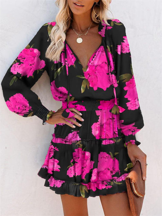 Women's Fashionable Printed V-neck Waist-cinched Long-sleeve Midi Dress - Women's A-line Skirt