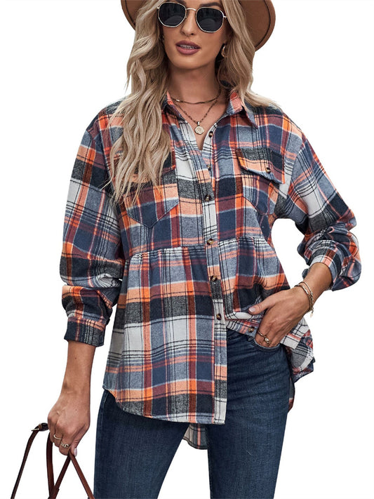 Women's Tops New Lapel Long-sleeved Pockets Casual European and American Plaid Shirt