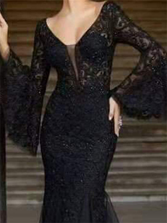 Women's Party Dress Lace Dress Black Dress Long Dress Maxi Dress Black Long Sleeve Pure Color Lace Fall Spring Autumn V Neck Hot Party Winter Dress Evening Party 2022 S M L XL