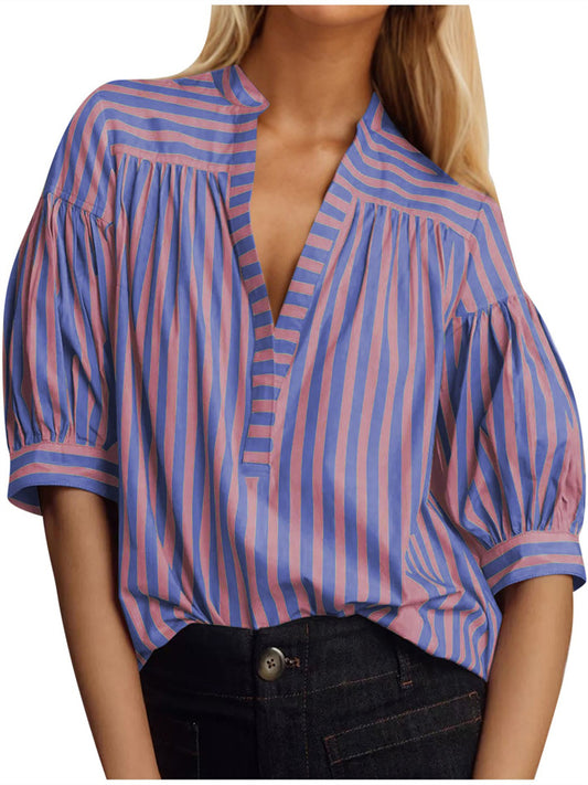 New Women's Fashion Wild Loose Striped Shirt Short Sleeve Lantern Sleeve