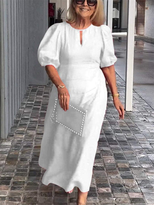 Summer Women's Solid Color Loose Casual Round Neck Bubble Sleeve Dress Long A-line Dresses