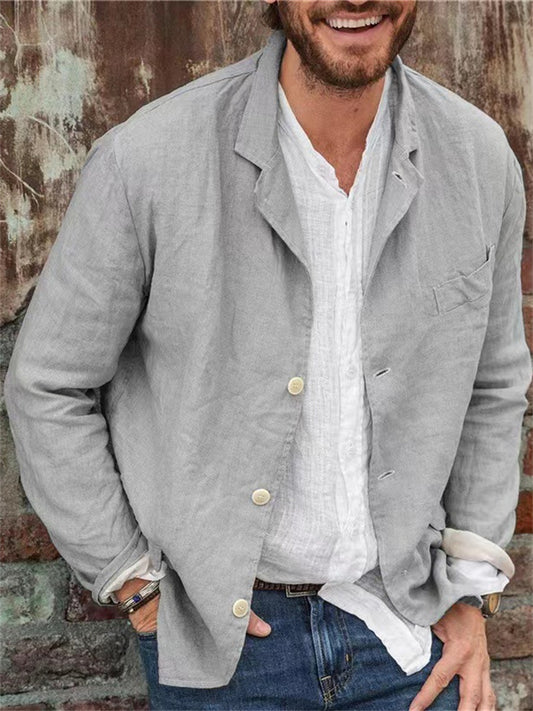 Men's Spring and Autumn Casual Cotton and Linen Loose Suit Jacket Suit Solid Color Tops