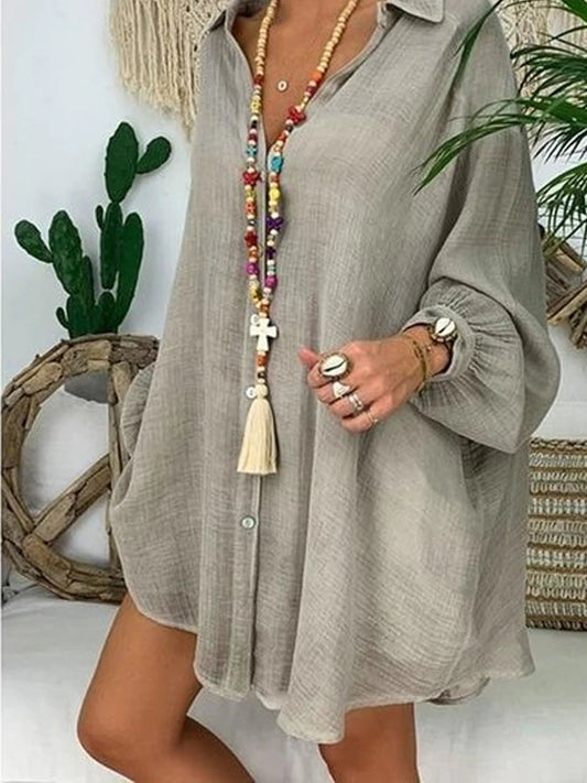 Womens Cotton Linen Plus Size Long Sleeve Turn Down Collar Tunic Button Thin Shirts Casual Blouse Tops
