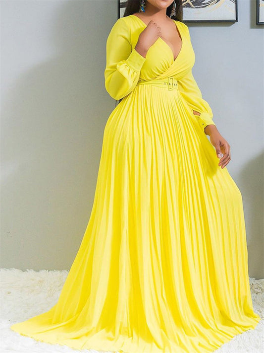 Large Size Women's Clothing Deep V Cross Grip Pleated Front Chest Under Skirt Solid Color Pleated Hem Dress