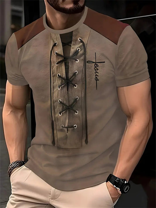 New Men's Short-Sleeve T-Shirt with 3D Print Faux Two-Piece Design Relaxed Fit Round Neck Top