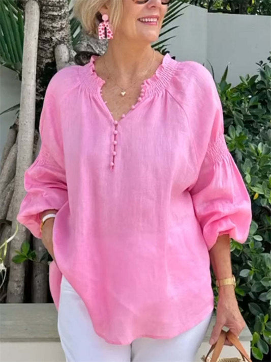 New Spring/Summer Women's Casual Solid-Color Cotton-Linen Long-Sleeve V-Neck Top