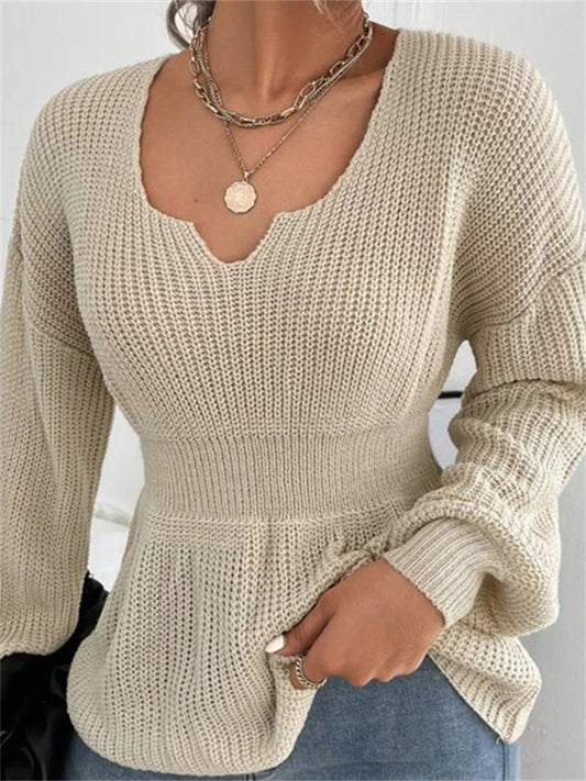 New Sweater Women's Fashion V-neck Slim-type Pullover Solid Color Long-sleeved Ruffled Waist Women's Shirt