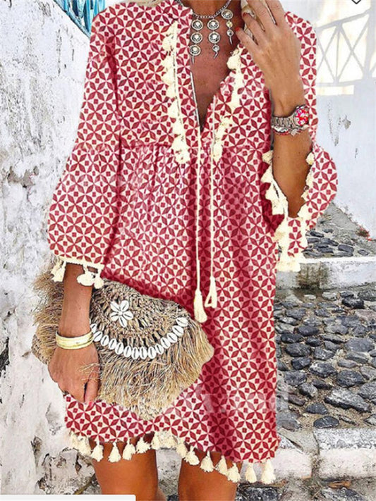 New Women's Burst Light Mature Gentle Department Printing Fringe Ruffle Edge Seven-point Sleeve V-neck Loose Waist Fresh Sweet Dress
