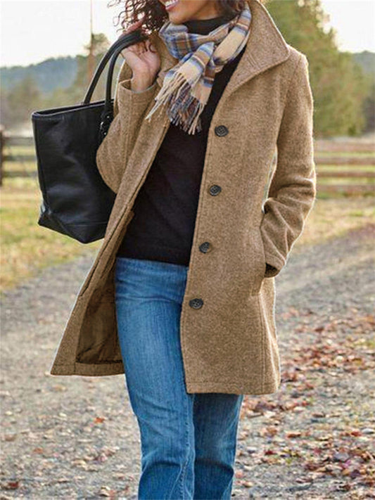 Autumn and Winter New Women's Retro Mid-length Solid Color Women's Tweed Jacket Coat Female