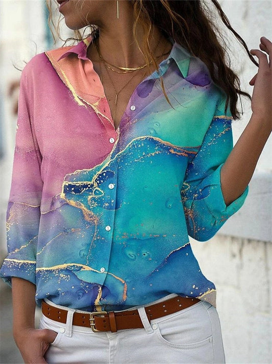 Women's Blouse Shirt Tunic Green Graphic Abstract Button Print Long Sleeve Holiday Weekend Streetwear Casual Standing Collar Regular Floral