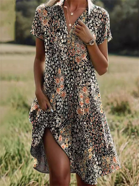 New Summer Women's V-neck Short Sleeve Long Skirt Bohemian Print Dress