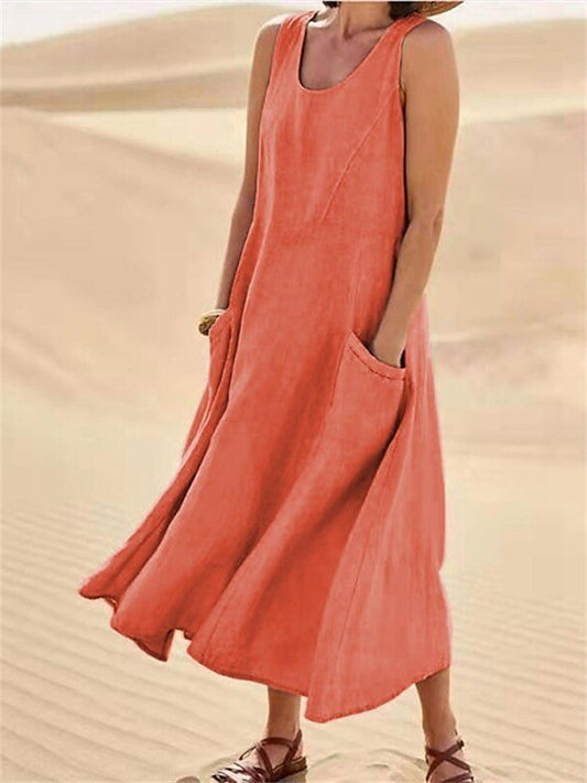 Women's Summer Round Neck Cotton Linen Dress Solid Color Sleeveless Dresses