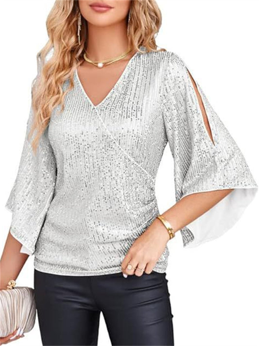 New Women's Sequins Seven Points Flared Sleeves V-Neck Slim Glitter Party Dress Top