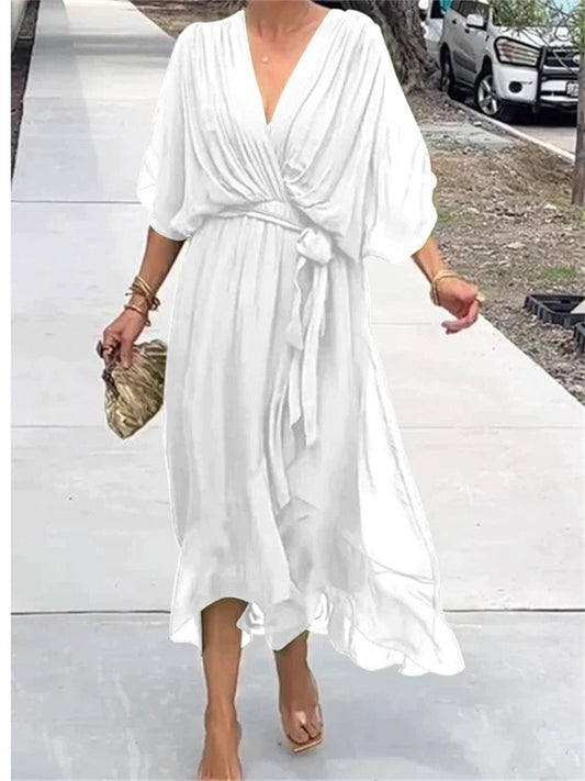 New Women's Solid Color Tie Long Bat Sleeve Irregular Dress Large Size Five Points Sleeve Dresses