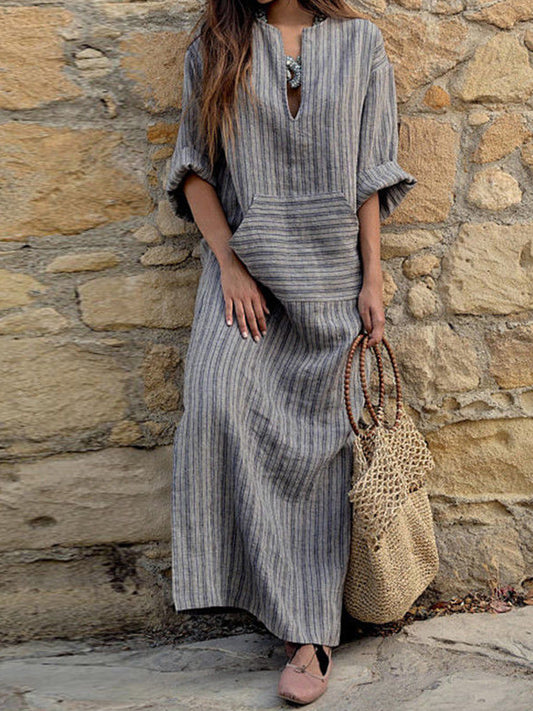 Cotton Linen Yarn Dyed Stripe Loose Long Dress