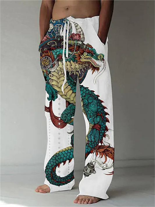 Men's Trousers Summer Pants Beach Pants Drawstring Elastic Waist Front Pocket Dragon Graphic Prints Comfort Soft Casual Daily Fashion Designer White Green