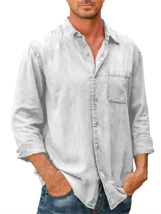 Men's Casual Shirt Black White Army Green Navy Blue Blue Long Sleeve Solid Color Turndown Street Daily Button-Down Clothing Apparel Cotton Denim Casual Comfortable Pocket