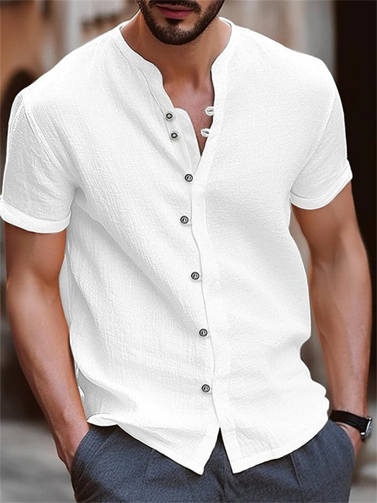 Hawaii New Fashion Men's Retro Buttons Cotton Linen Casual Short Sleeve Shirt