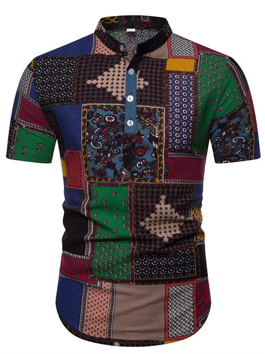 Men's Summer New Men's Cotton Linen Pullover Stand-up Collar Loose Short-sleeved T-shirt Men's Floral Half-sleeved T-shirt Male