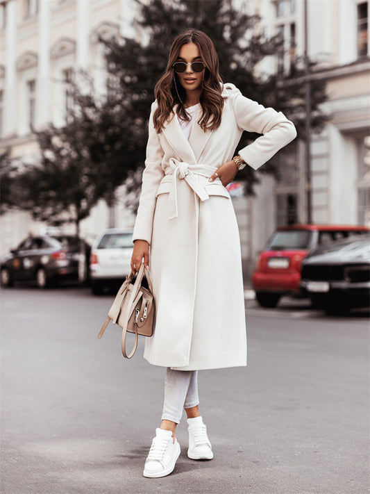 Explosion of Autumn and Winter Solid Color Simple Long-sleeved V-neck Tie Slim Type Tweed Jacket Temperament Commuting Women