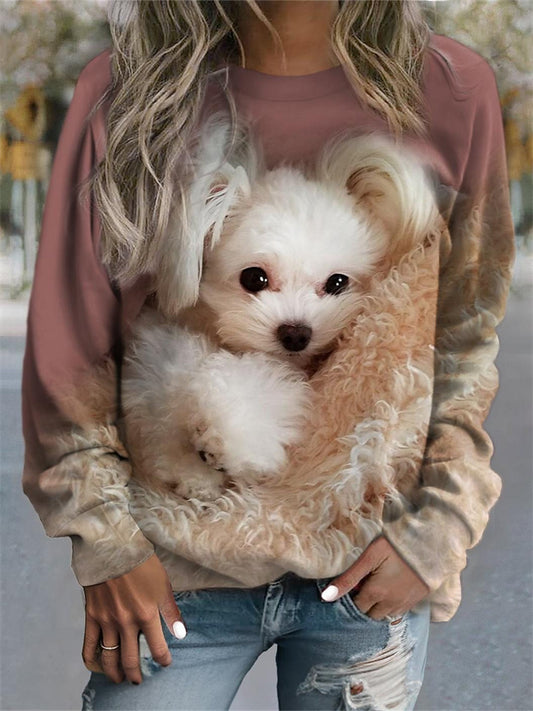 Women's 3D Round Neck Sweater Women's Cute Little Animal Pattern Sweater Women's Cute Puppy Tops