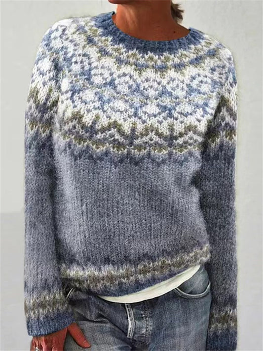 Women's Round Neck Color-Blocked Oversized Fashion Knit Sweater Printed Sweater Trendy Slim Fit Style