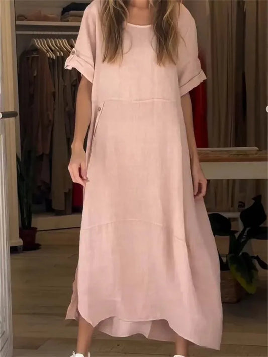 New Arrival Women's Summer-Style Loose-Fit Casual Solid-Color Short-Sleeve Cotton-Linen Dress Long Dress