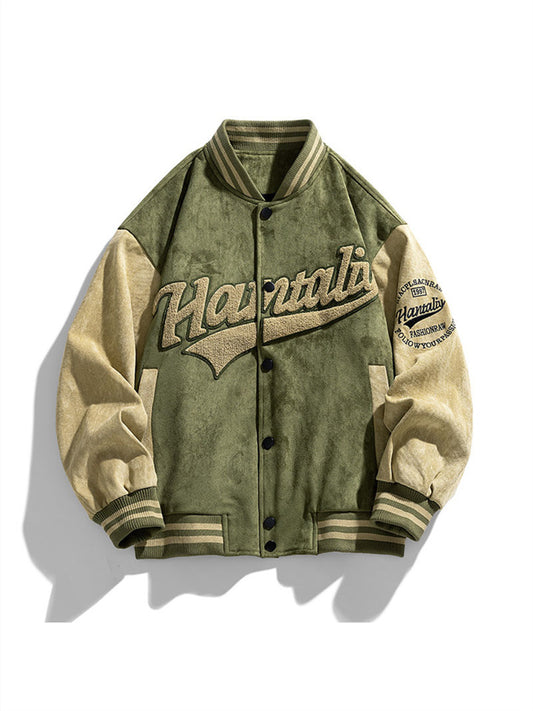 Fashion Suede Solid Color Color Blocking Velvet Jacket Men's Spring and Autumn Loose Casual Mature Baseball Collar Imitation Deerskin Jacket