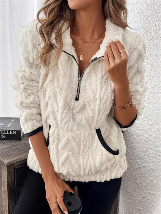 Fall/Winter New Arrival Women's Collared Chanel-Style Jacquard Half-Zip Fleece Hoodie with Pockets