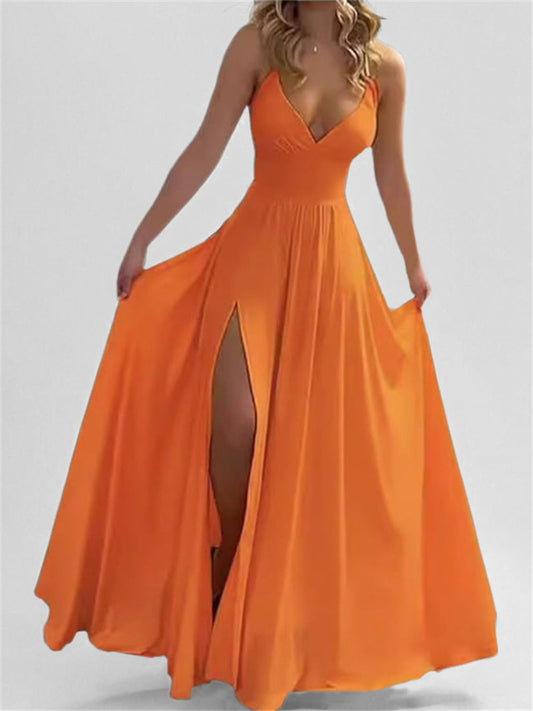 New Arrival Women's Spaghetti-Strap Dress Fashionable Sexy Slit Solid Color Maxi Dress