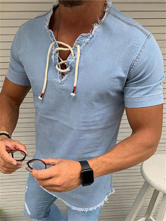 Men's Shirt Summer Shirt Denim Shirt Chambray Shirt Dark Navy Navy Blue Light Blue Short Sleeve Graphic Prints Standing Collar Casual Daily Drawstring Clothing Apparel Fashion Casual Breathable