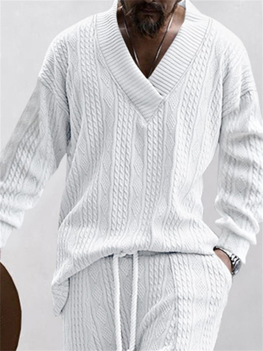 Autumn Casual Jacquard Knit Sweater Men's Fall Loose Long-sleeved T-shirt Men's V-neck Pullover Jacquard Blouse