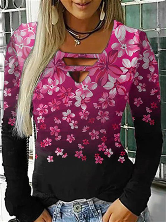 Women's T shirt Tee Green Blue Pink Floral Print Long Sleeve Holiday Weekend Basic V Neck Regular Floral Painting